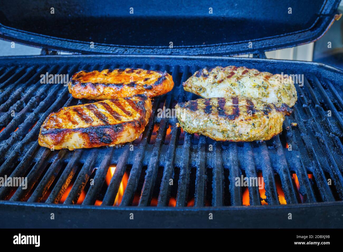Steak and Fish on a Gas Grill Stock Photo Alamy