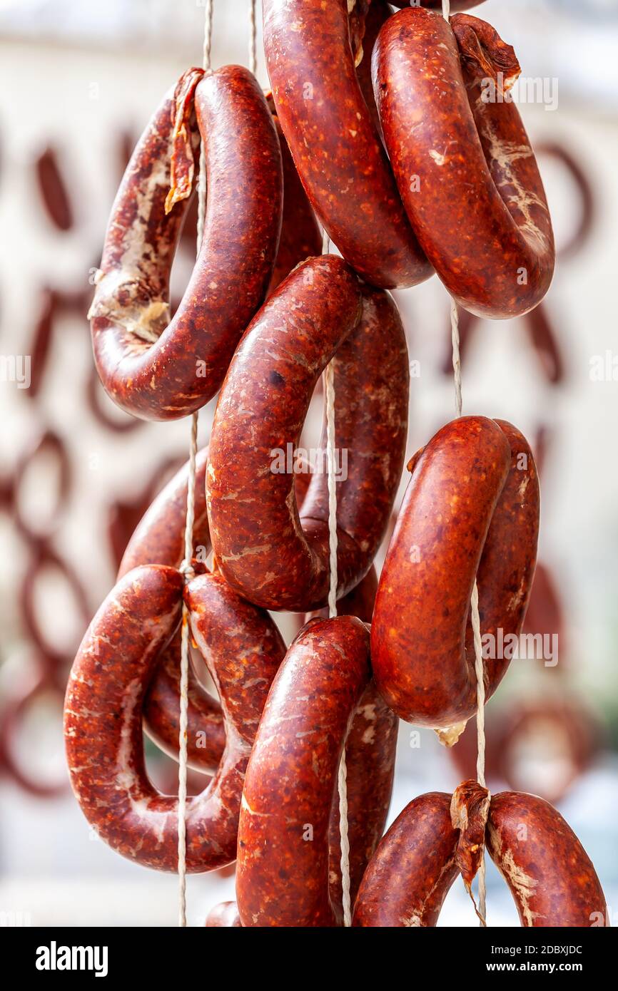 Drying homemade Turkish kangal sausage Stock Photo Alamy