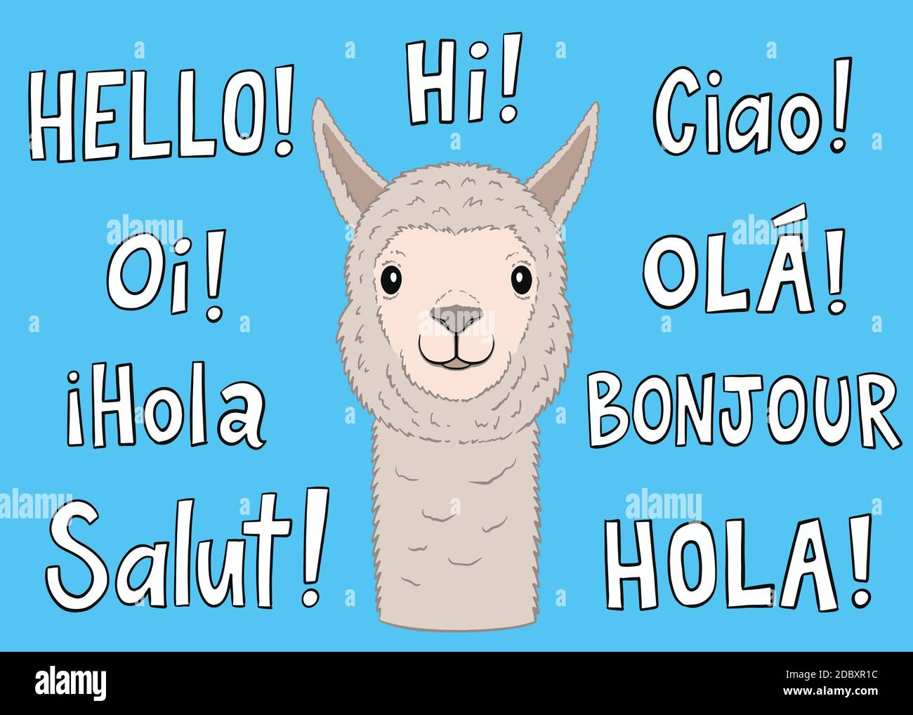 Llama with greetings in different languages. Vector Illustration Stock Vector