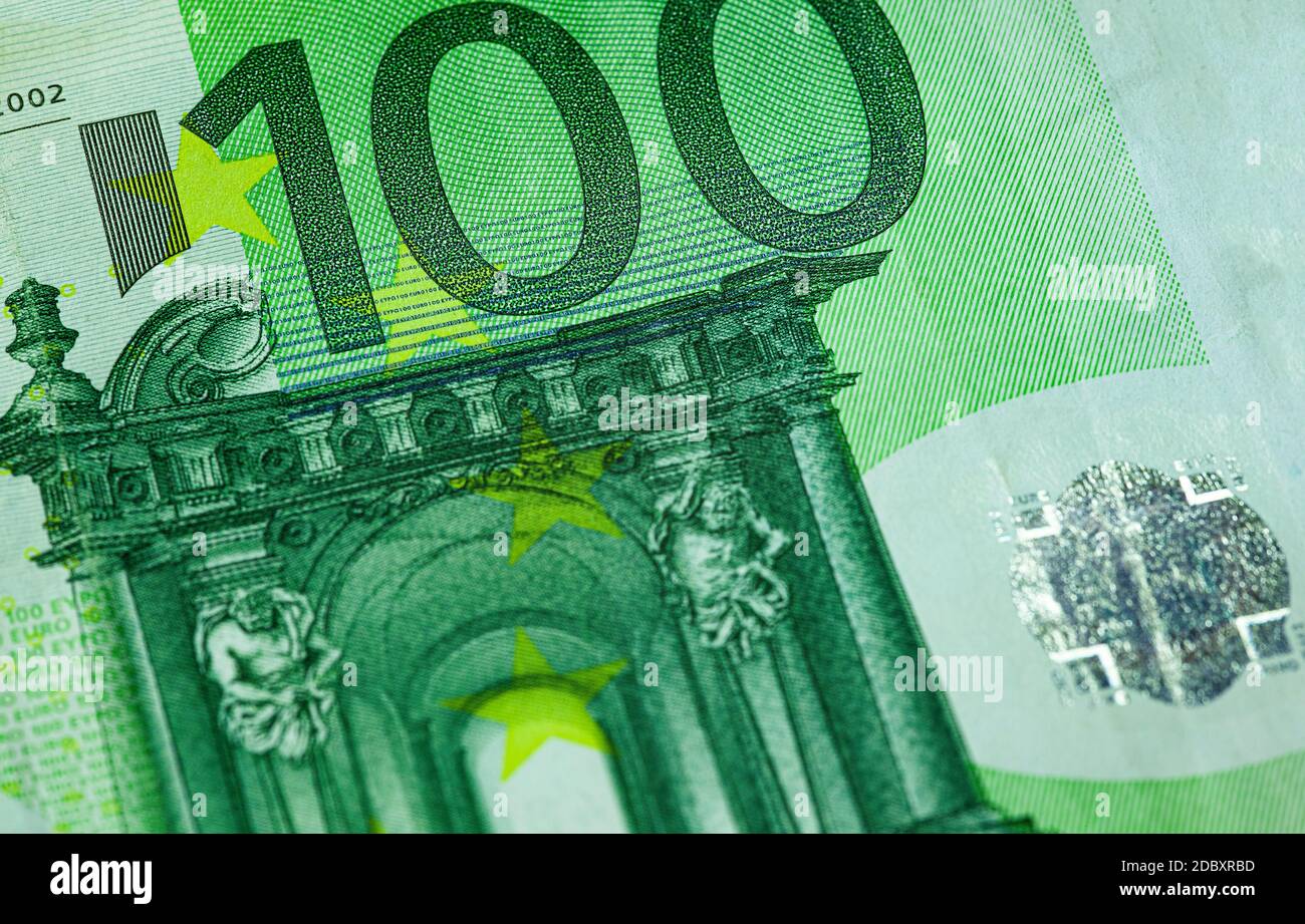 One hundred euro bill macro detail of front side Stock Photo - Alamy