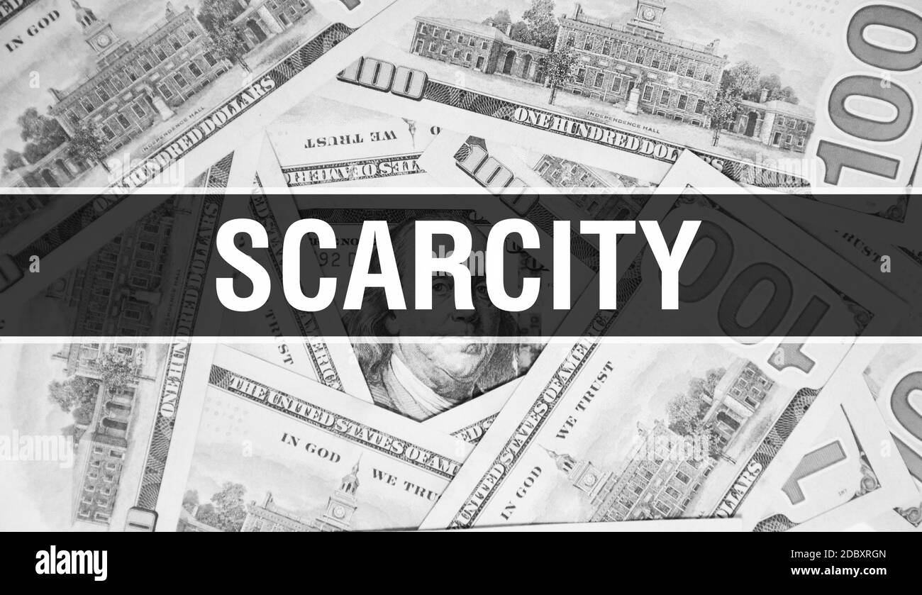 Scarcity text Concept Closeup. American Dollars Cash Money,3D rendering. Scarcity at Dollar Banknote. Financial USA money banknote Commercial money in Stock Photo