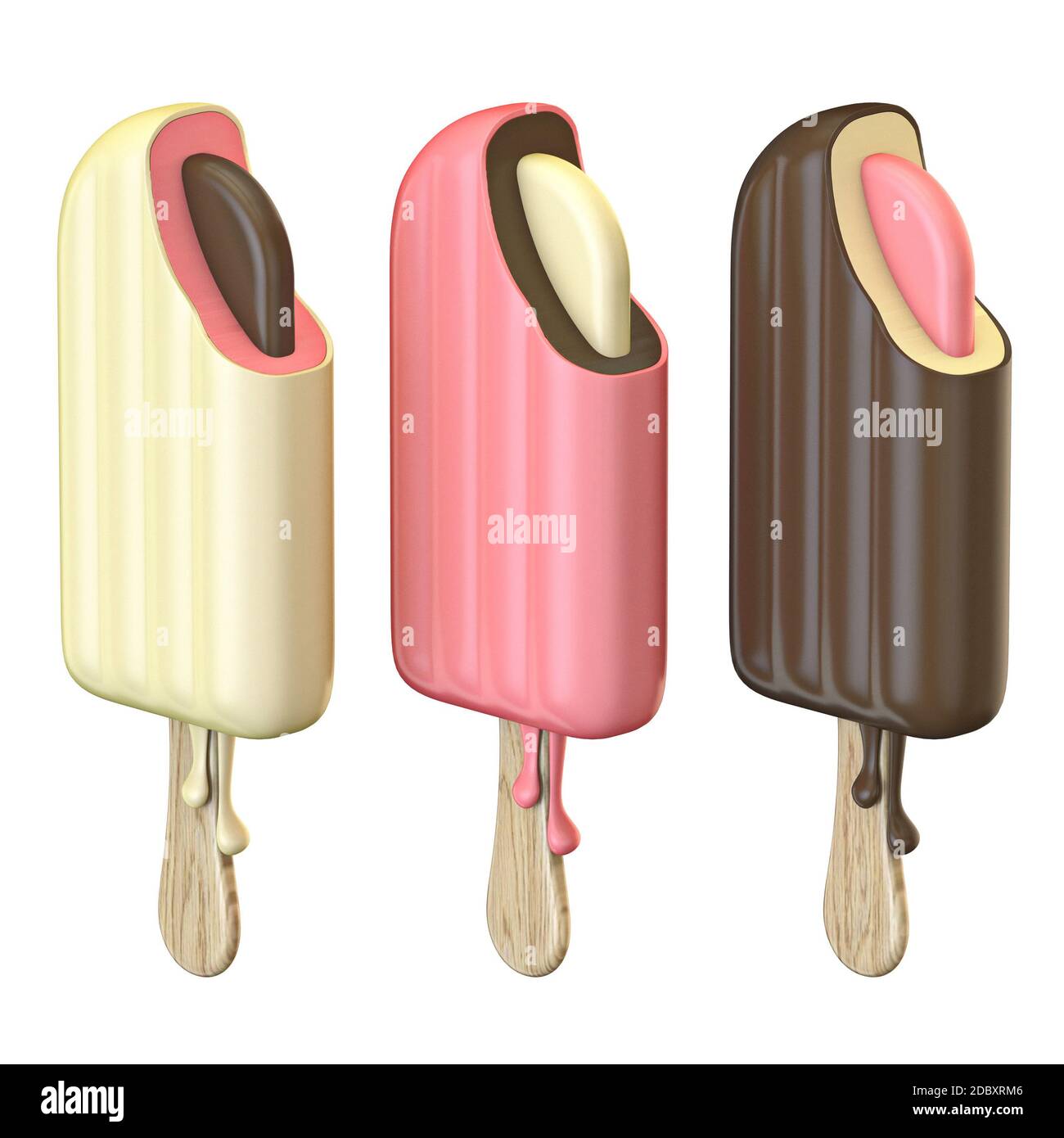 Three different ice creams on wooden sticks 3D render illustration ...