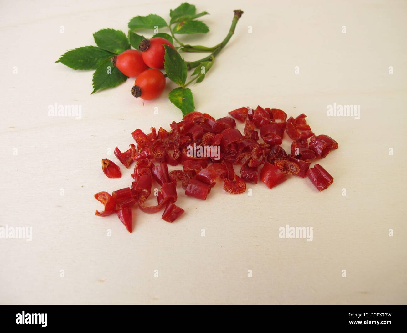 Dried red rosehip peel from the wild rose, dogrose Stock Photo