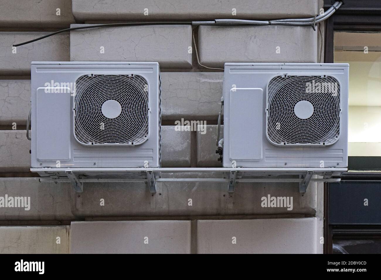 Two external air conditioner device units Stock Photo Alamy