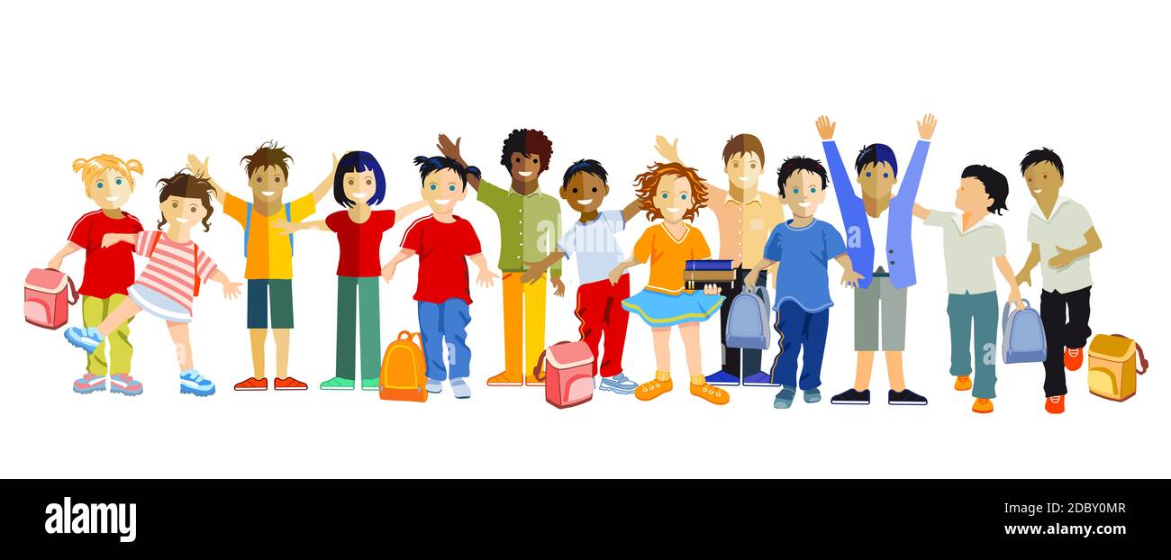 Schoolchildren happily together, vector illustration Stock Photo