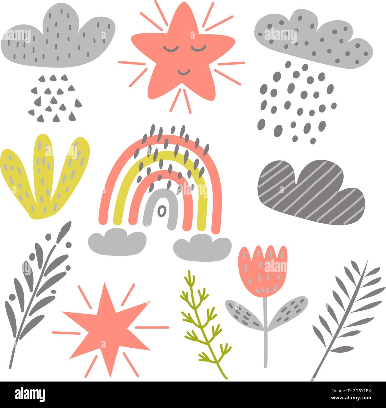 Pattern with cute rainbow, flowers, leaves, stars and clouds on a white ...
