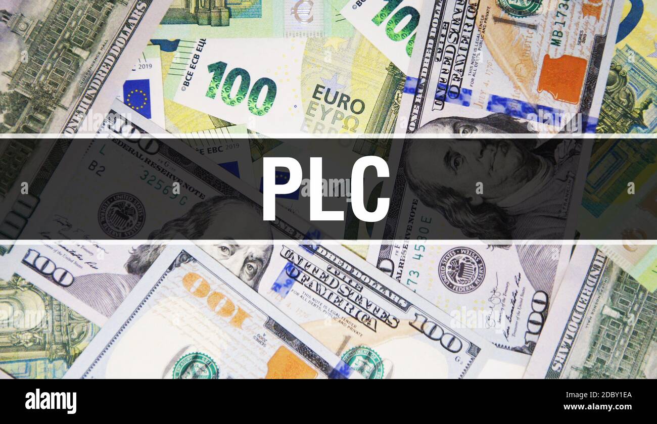 PLC text Concept Closeup. American Dollars Cash Money,3D rendering. PLC at Dollar Banknote. Financial USA money banknote Commercial money investment p Stock Photo