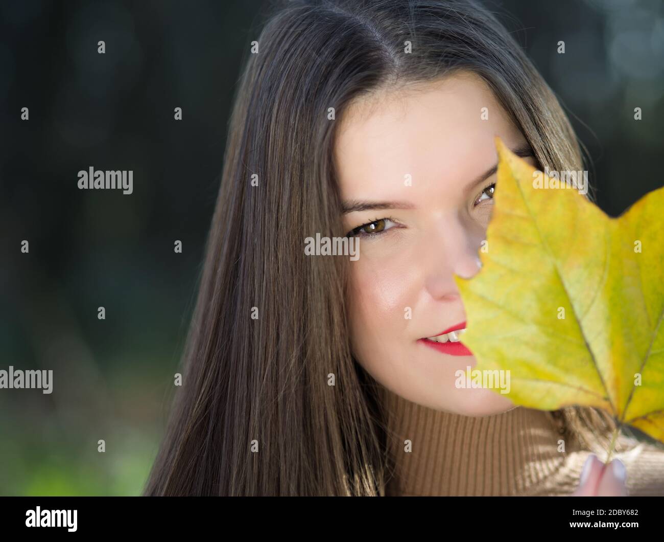 Portrait of a Young Beautiful Long Haired Brunette Woman with Maple Leaf Stock Photo