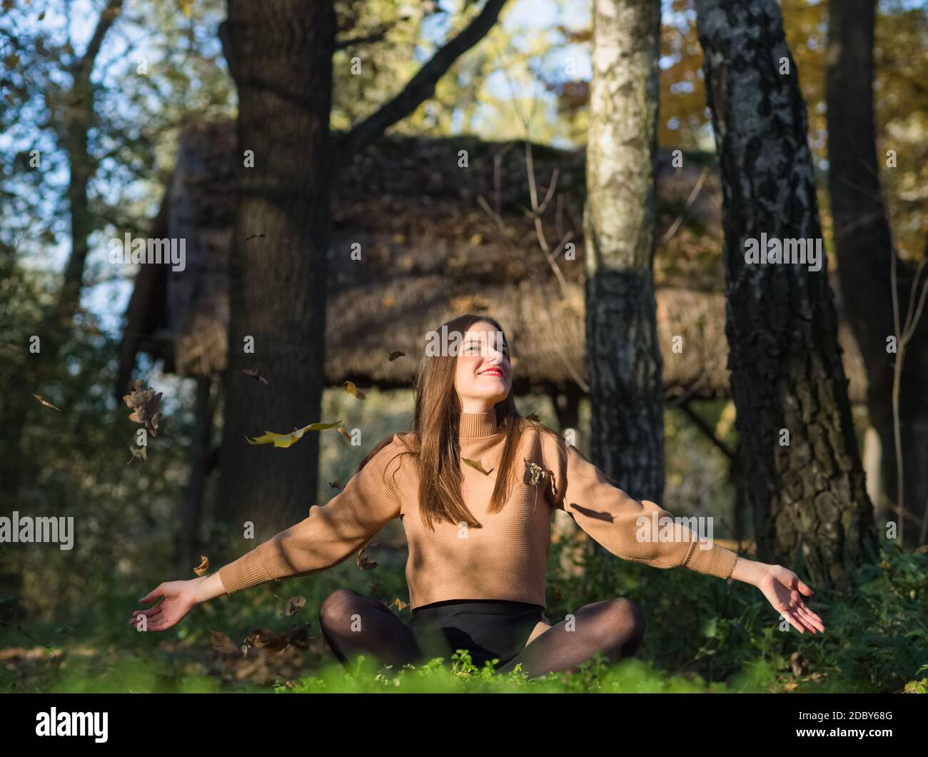Young Beautiful Long Haired Brunette Woman Sitting in the Forest with ...