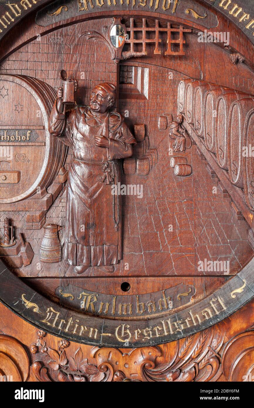 geography / travel, Germany, Bavaria, Kulmbach, carving in the beer barrel in the Bavarian brewery mus, Additional-Rights-Clearance-Info-Not-Available Stock Photo