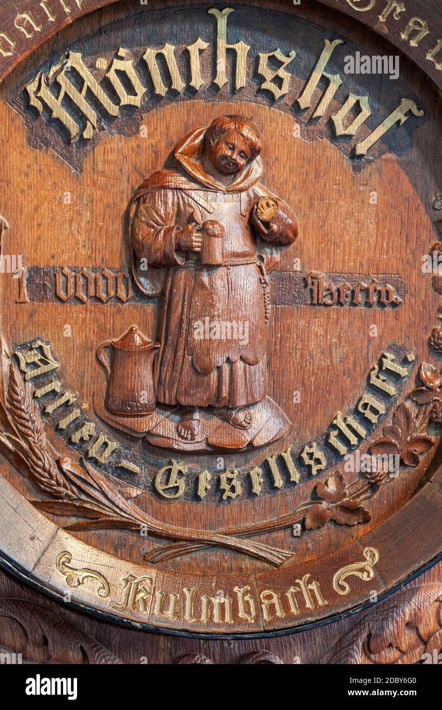 geography / travel, Germany, Bavaria, Kulmbach, carving in the beer barrel in the Bavarian brewery mus, Additional-Rights-Clearance-Info-Not-Available Stock Photo