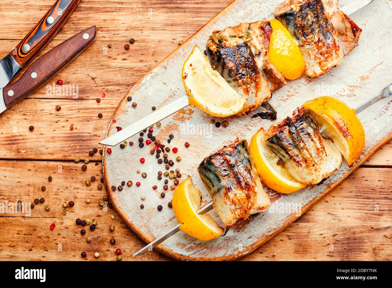 Grilled skewers of mackerel with lemon.Grilled fish kebab Stock Photo