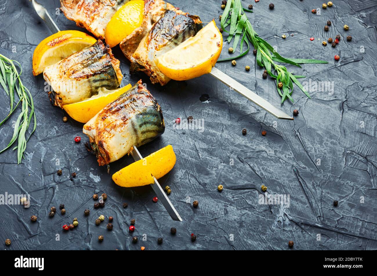 Grilled skewers of mackerel with lemon.Grilled fish kebab Stock Photo Alamy