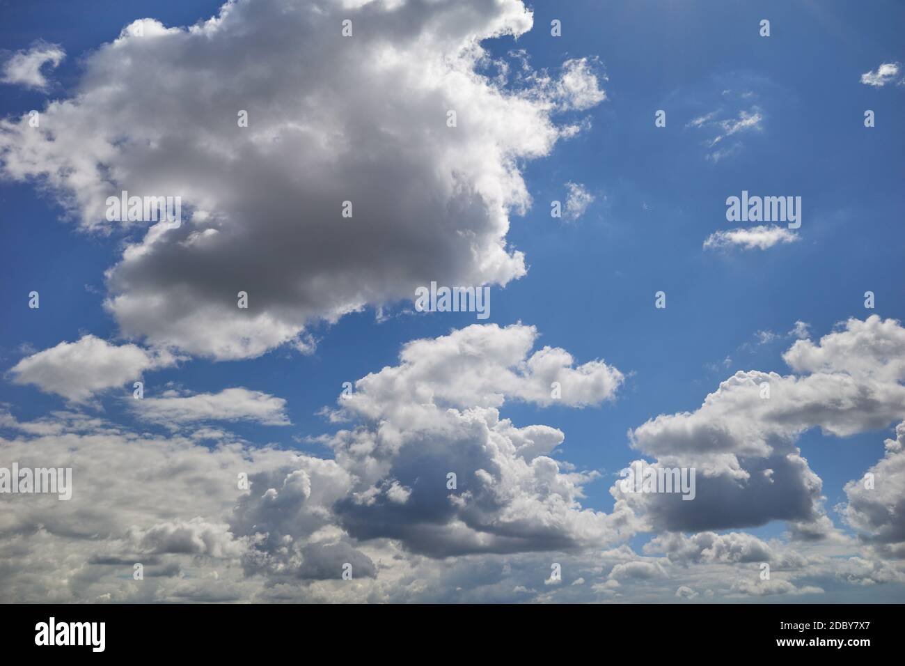 Cumulus clouds fly in blue sky Stock Photo