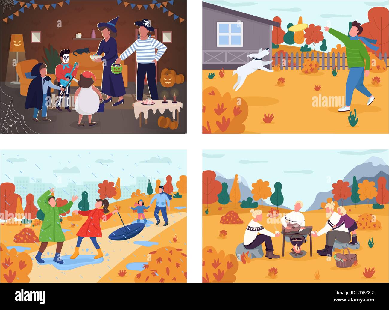 Fall holiday activity semi flat vector illustration set Stock Vector ...