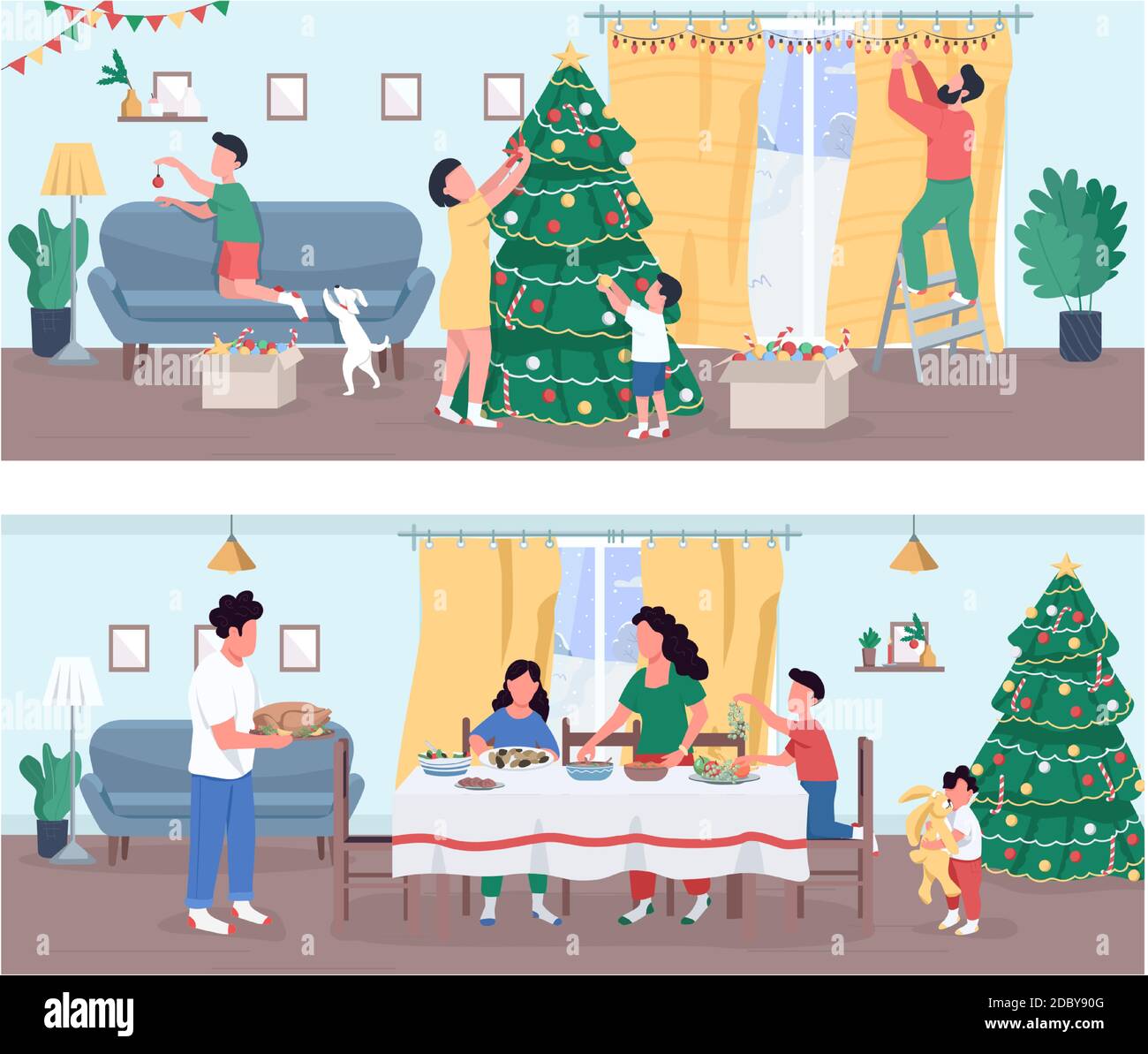 Christmas celebration semi flat vector illustration set Stock Vector