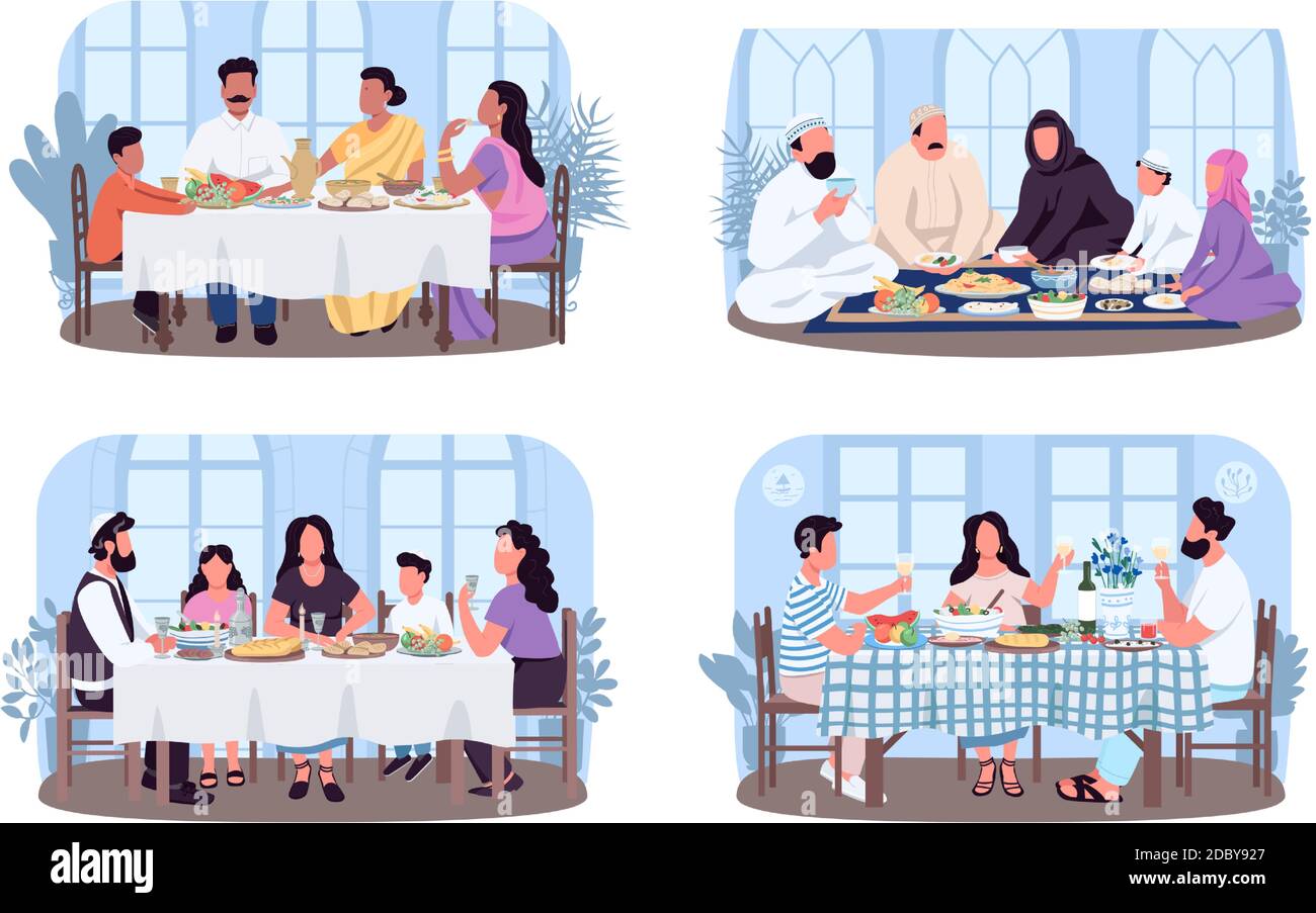 Traditional family dinners 2D vector web banner, poster set ...