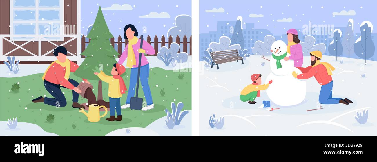 Family winter activity semi flat vector illustration set Stock Vector