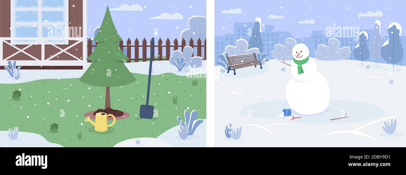 Winter scenery semi flat vector illustration set Stock Vector