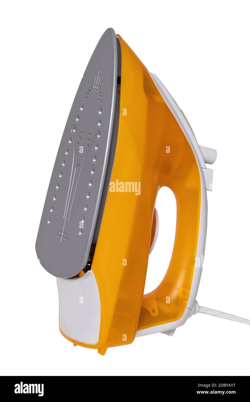 Closeup of a modern yellow electric steam iron for ironing household