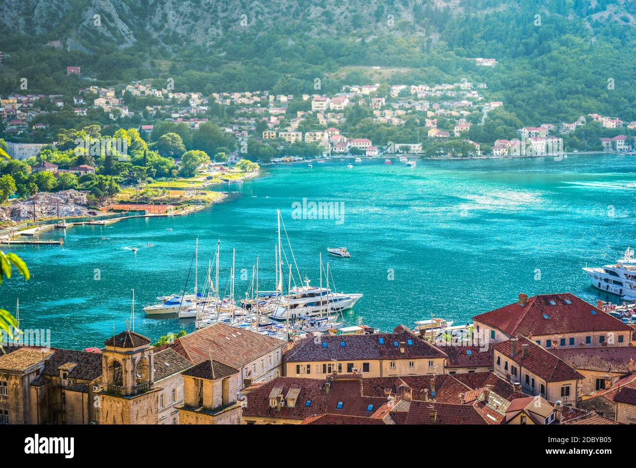 Moored boats in a harbor of Kotor. Rooftop view Stock Photo - Alamy