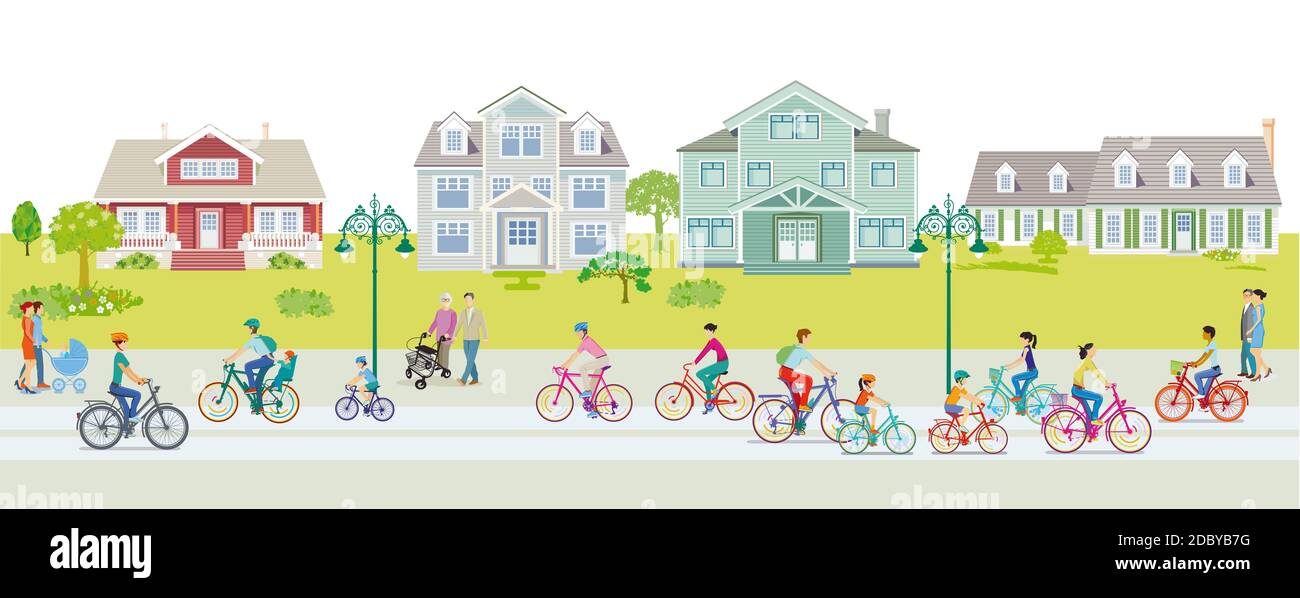 Cyclists on the bike path in the suburb with pedestrians Stock Photo