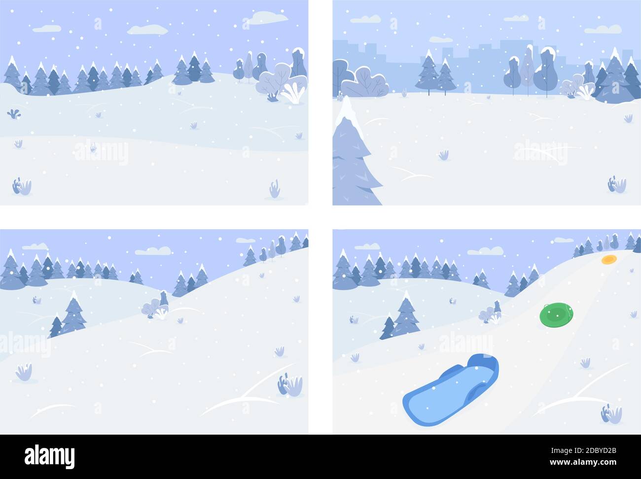 Winter scenery semi flat vector illustration set Stock Vector