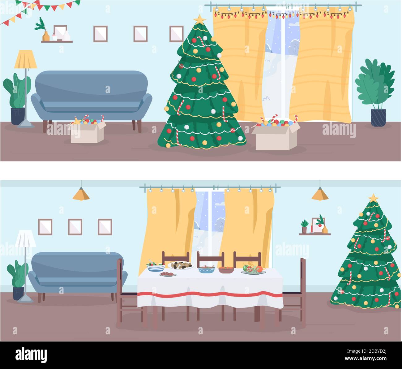 Christmas home semi flat vector illustration set Stock Vector
