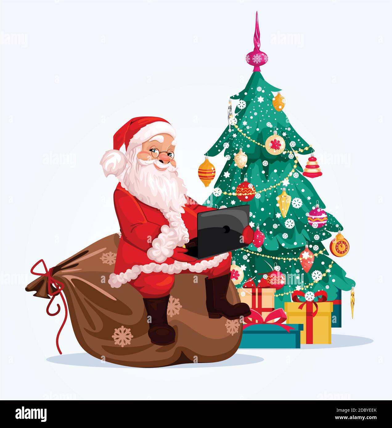 Merry Santa Claus, Christmas tree decorated with toys and tinsel. smiling cartoon character, Christmas holidays, in the background, sitting on a bag w Stock Photo - Alamy Merry Santa Claus, Christmas tree decorated with toys and tinsel. smiling cartoon character, Christmas holidays, in the background, sitting on a bag w Stock Photo - Alamy