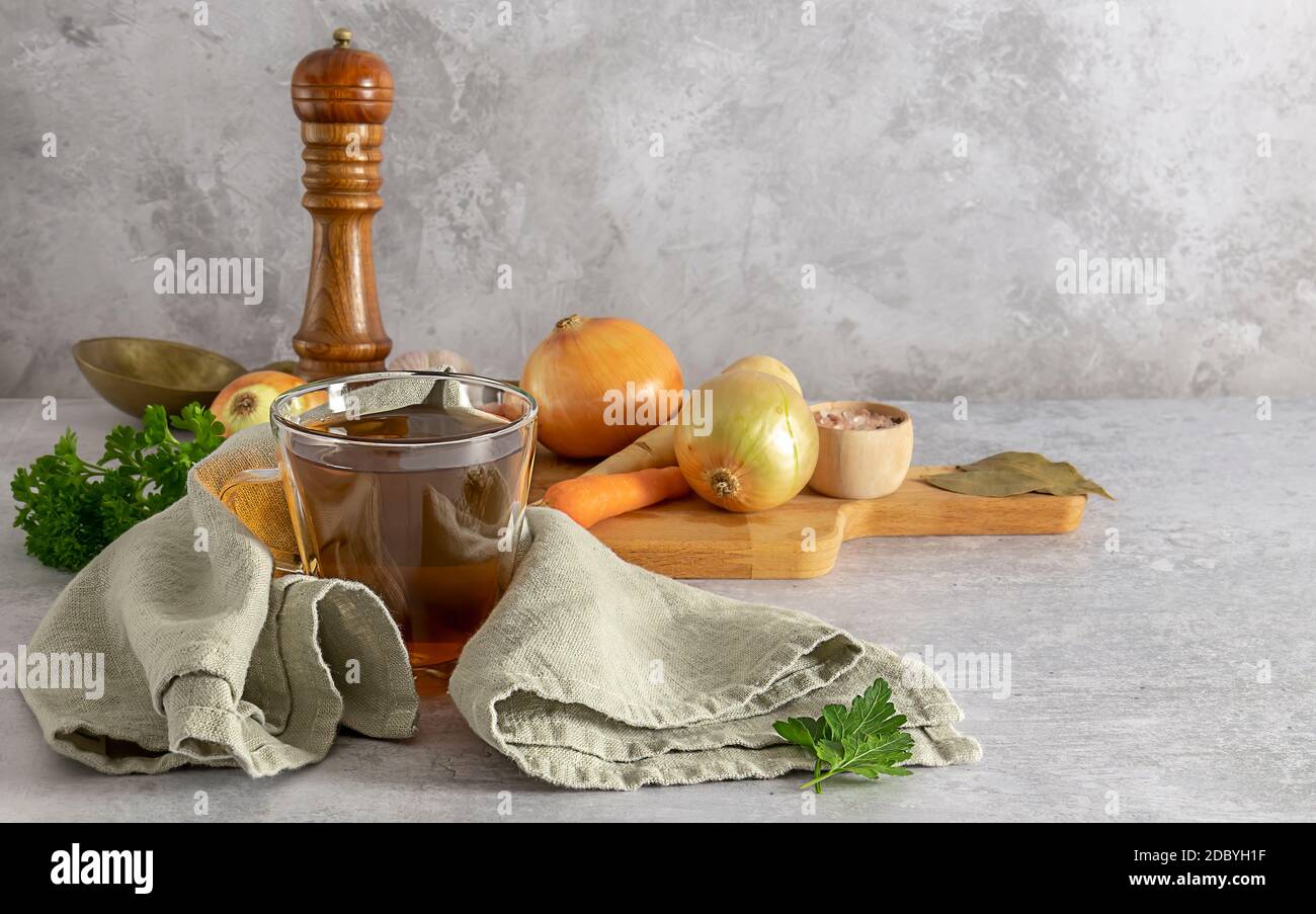 Homemade beef bone broth with ingredients. Contains minerals and