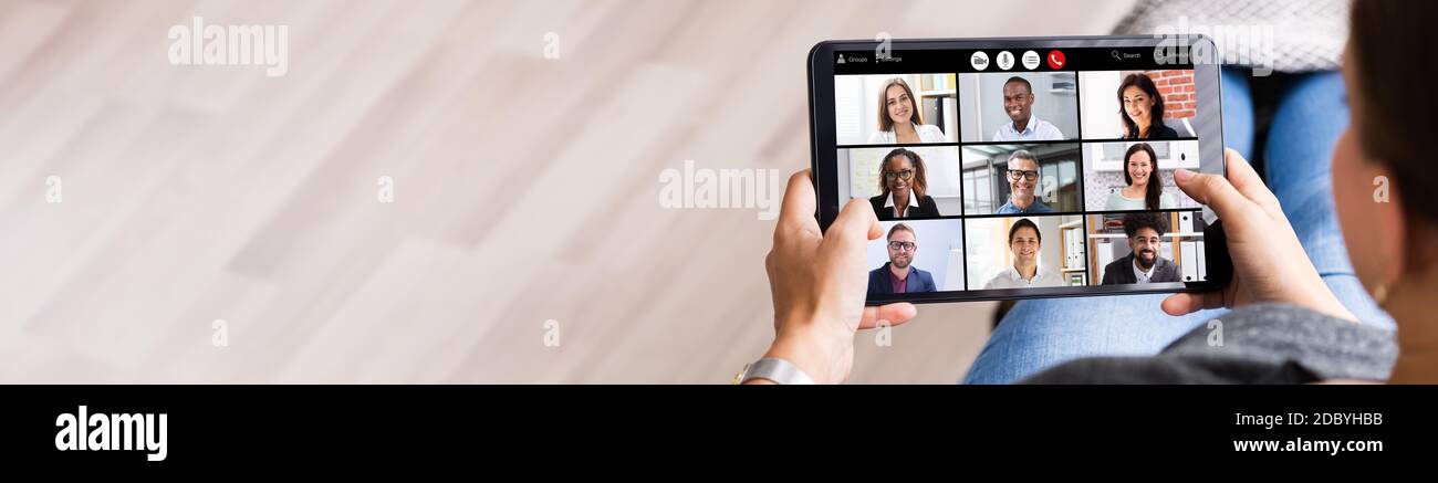 Online Video Conference Webcam Interview On Tablet Stock Photo