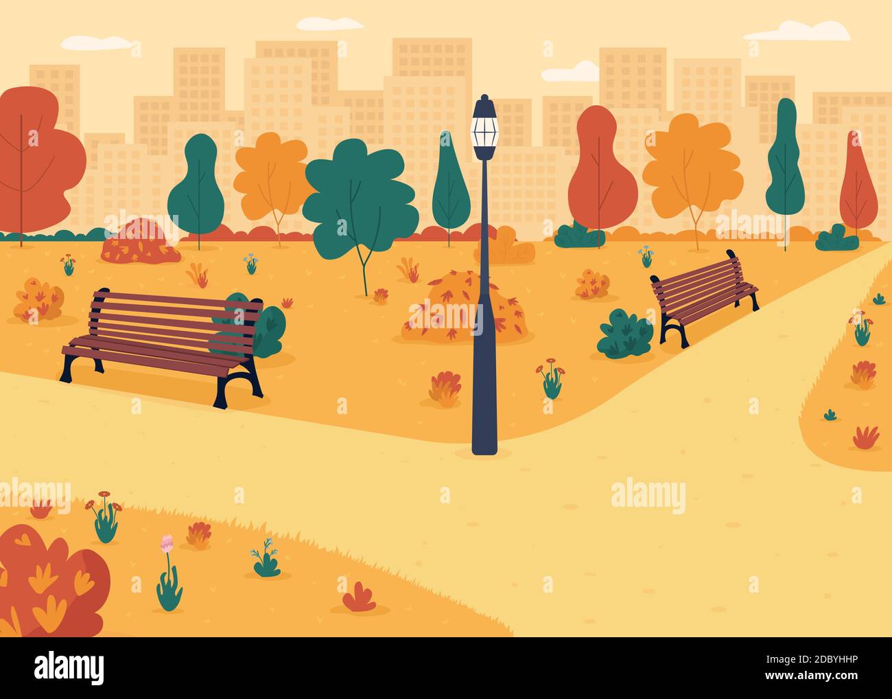 Fall park sidewalks flat color vector illustration Stock Vector Image ...