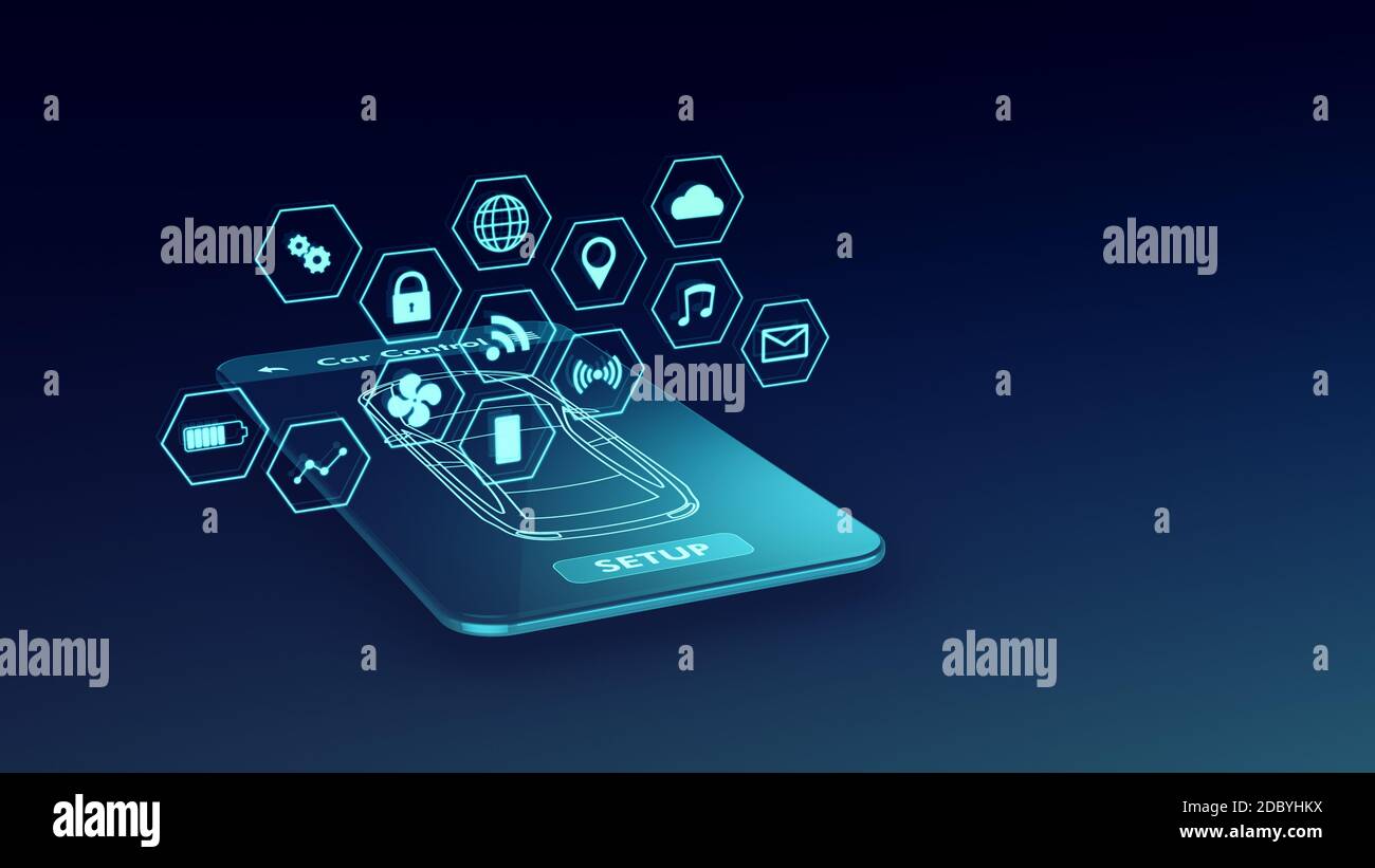 modern smartphone with an app for remote control of the car, futuristic holographic interface, luma matte for background replacement, seamless loop (3 Stock Photo