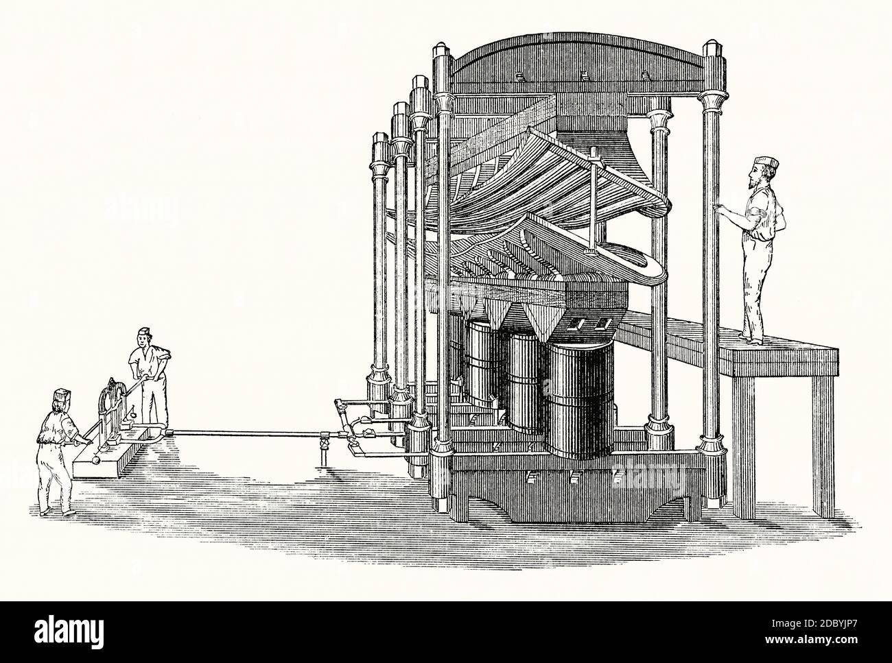 An old engraving of a hydraulic press used to press out the side panel of a life-boat in the mid-1800s. It is from a Victorian mechanical engineering book of the 1880s. In the mid-1840s, American Joseph Francis developed a new method for using steam-powered presses to stamp sheets of iron into corrugated shapes for boat hulls. With the Novelty Iron Works in New York, he began to manufacture lifeboats and coastal rescue craft in the 1840s. A hydraulic press (also known as a Bramah press after its English inventor ) is a machine press using a hydraulic cylinder to generate a compressive force. Stock Photo