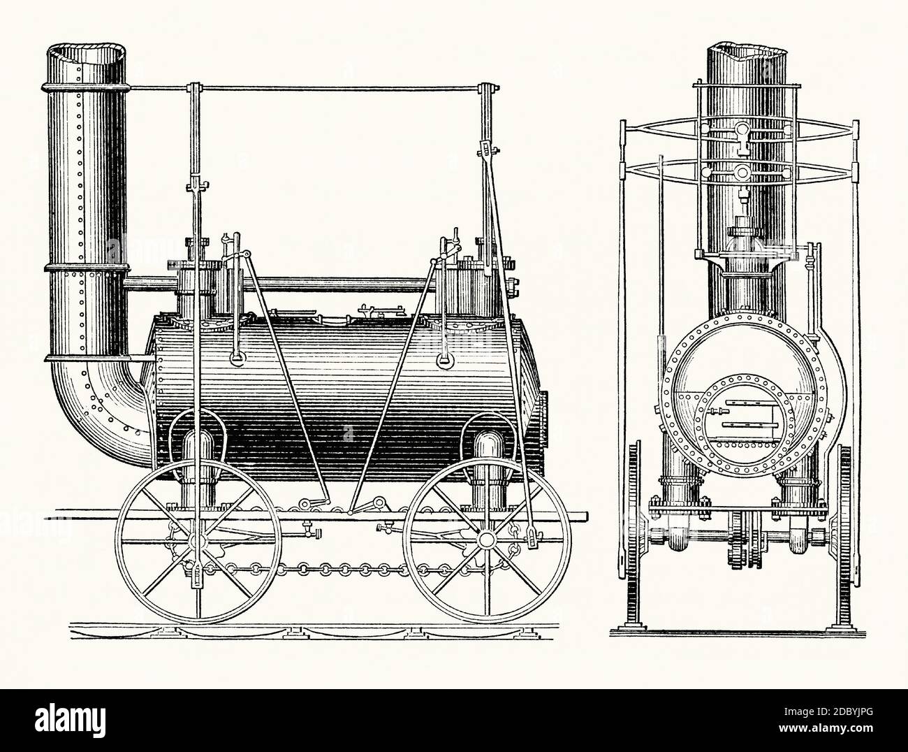 An old engraving George Stephenson’s locomotive of 1815. It is from a Victorian mechanical engineering book of the 1880s. George Stephenson (1781–1848) was an English civil engineer and mechanical engineer, renowned as the ‘Father of Railways’. Stephenson designed his first locomotive in 1814, designed for hauling coal at the Killingworth Colliery north of Newcastle Upon Tyne, North Tyneside, England, UK. It was named ‘Blücher’. In 1815 Stephenson improved the design with a direct link between cylinder and wheels using a ball and socket joint. The drive wheels were connected by chains. Stock Photo