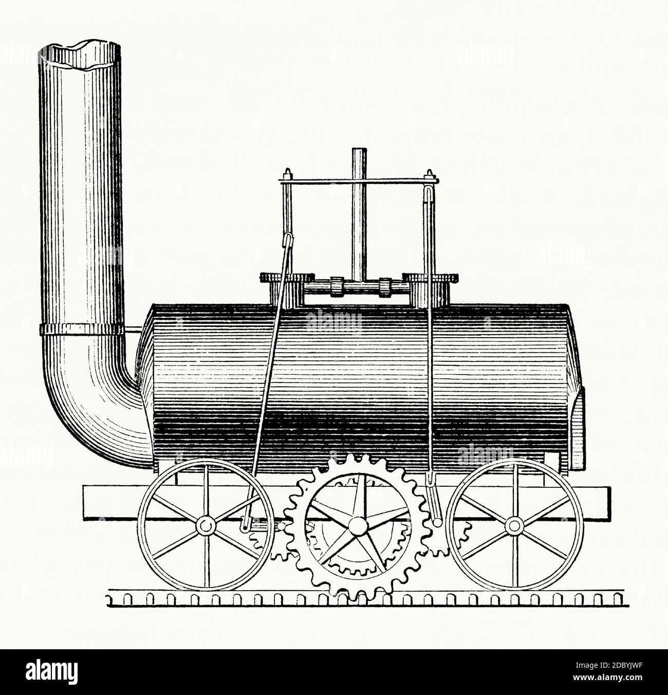 An old engraving of John Blenkinsop’s locomotive of 1811. John Blenkinsop (1783–1831) was an English mining engineer and an inventor of steam locomotives, who designed the first practical railway locomotive. In the early nineteenth century, attempts were being made to employ steam power for haulage. In 1811 Blenkinsop patented a rack and pinion system at the side of the track for a locomotive. His engine, weighing five tons, regularly hauled a payload of ninety tons of coal over three miles from the Middleton Colliery, Middletown to Leeds, Yorkshire, England, UK. Stock Photo