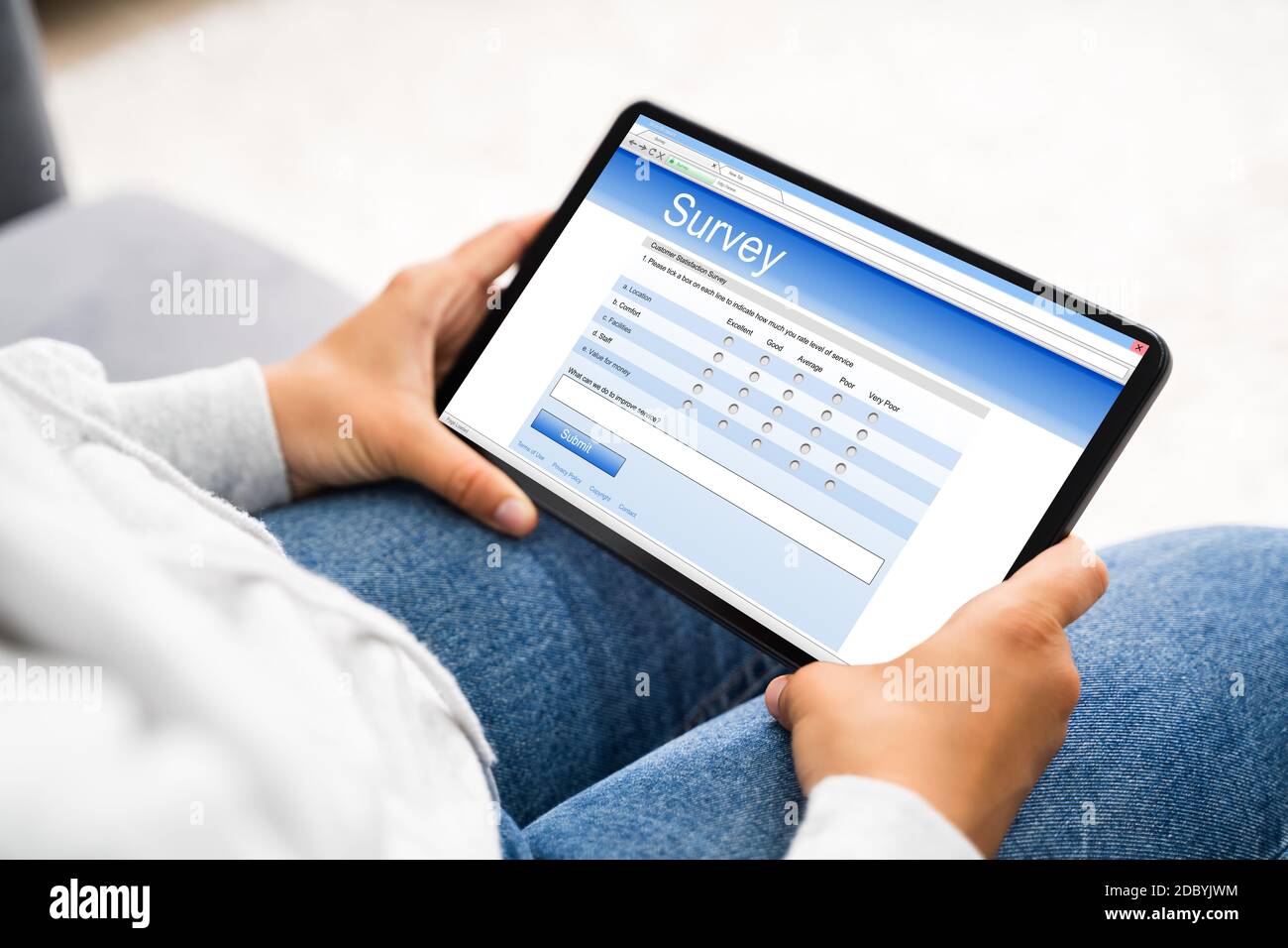 Filling Online Survey Form. Adult Feedback Rating Stock Photo