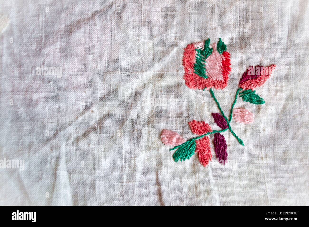 Fragment Of Fabric With Traditional Handmade Wooden Cross Stitch