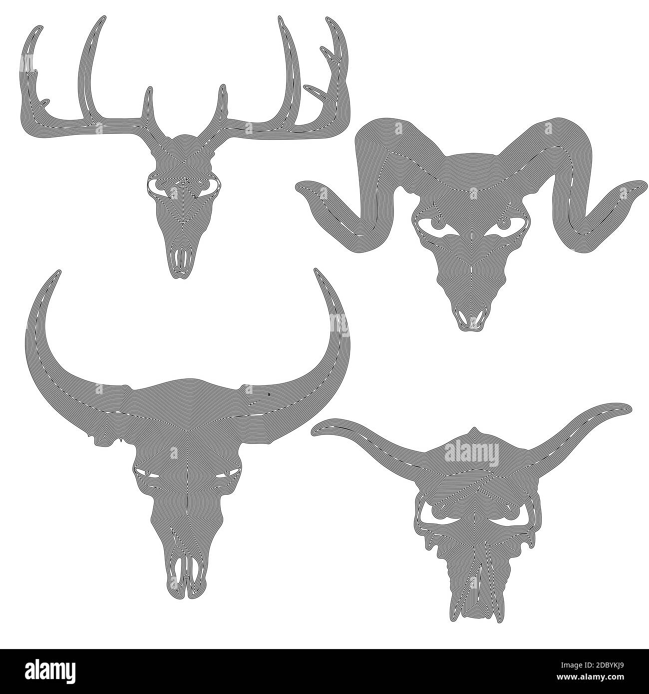 set of animal skull silhouette in black lines on white background, vector illustration, eps 10 Stock Vector