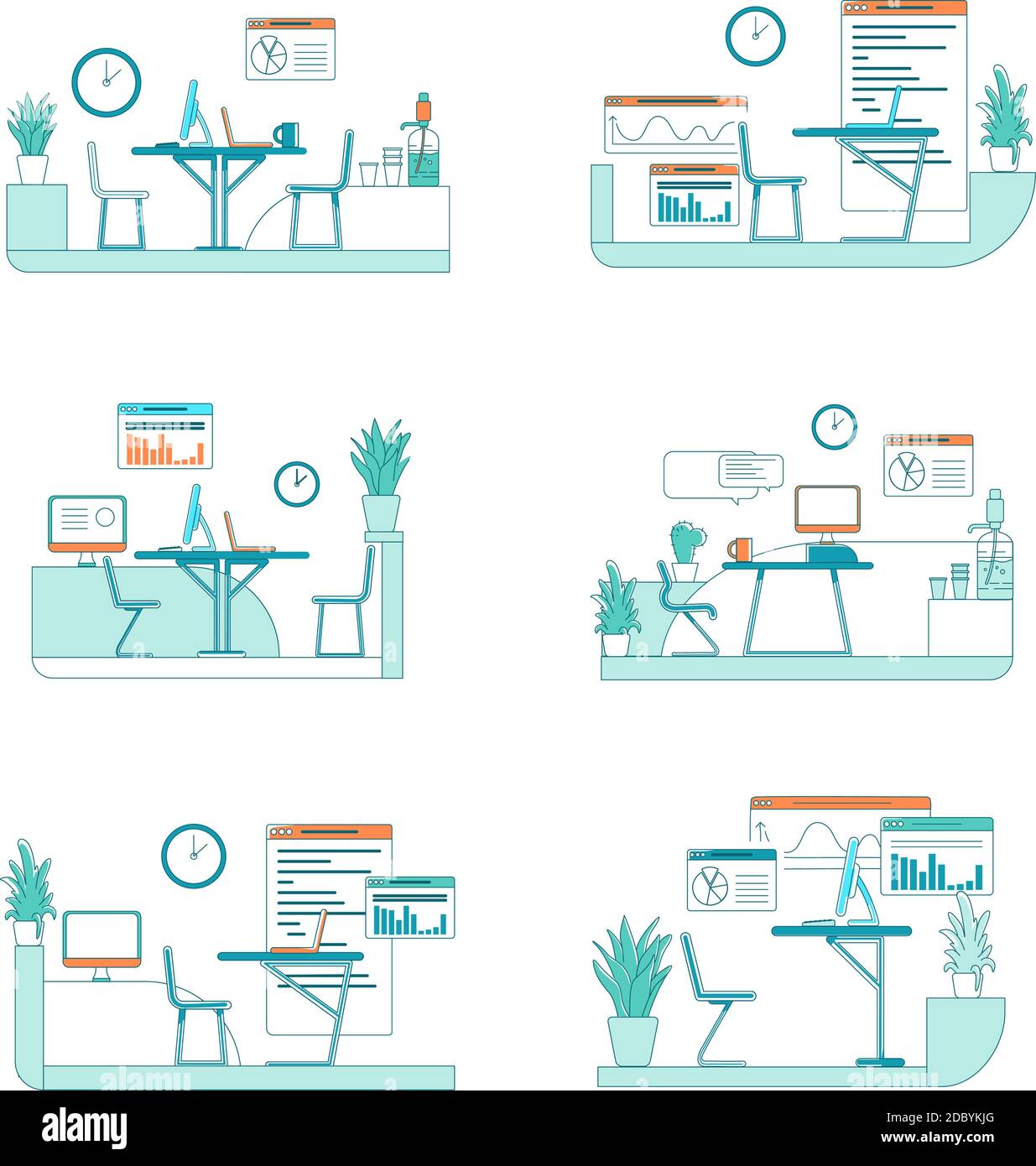 Office interior flat color vector scene set Stock Vector