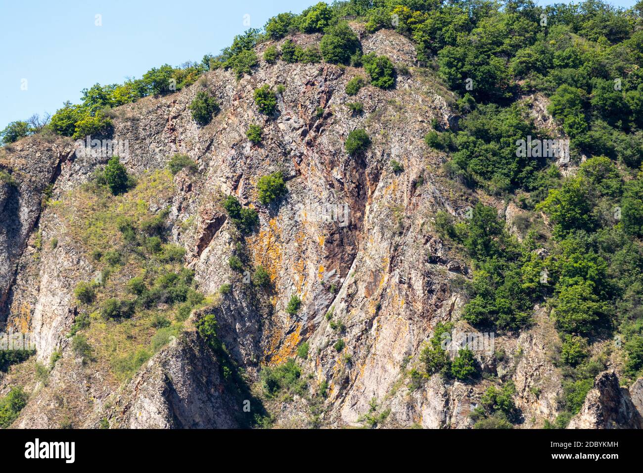 Scenic view of the rock massif Rotenfels nearby Bad Muenster am Stein Ebernburg at Nahe River Stock Photo