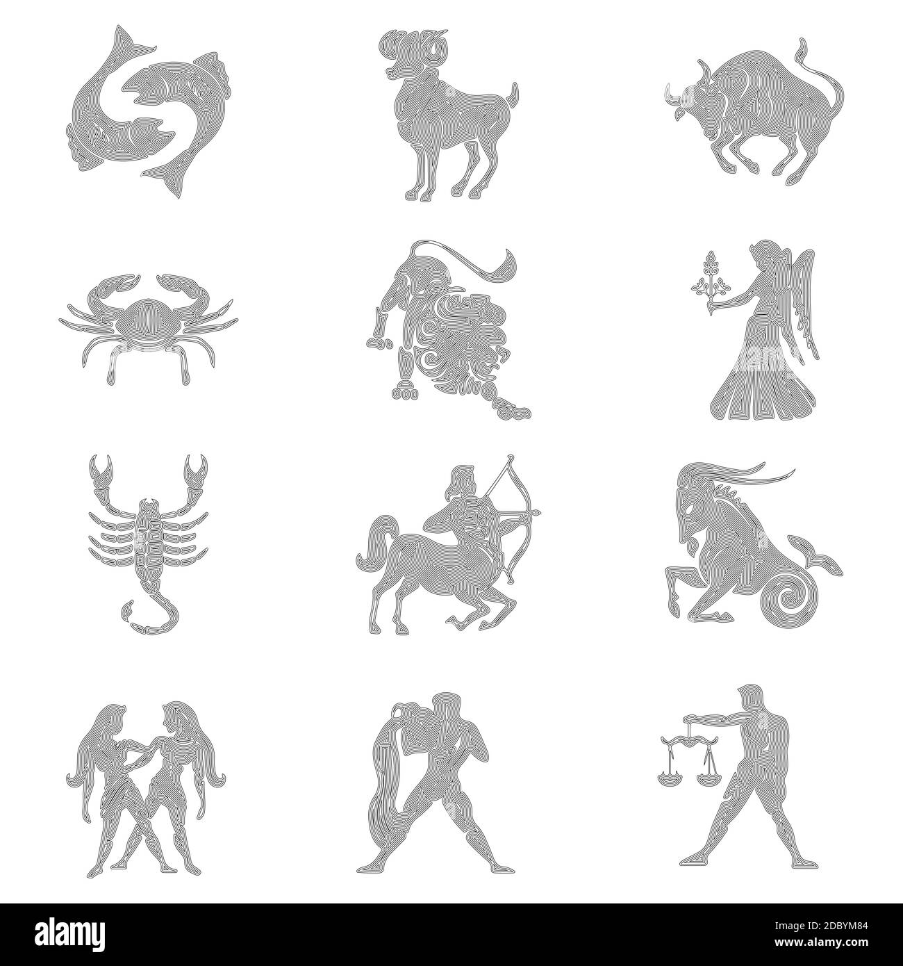 Set of zodiac signs, zodiac symbols, linear drawing, zodiac signs in black lines on a white background, vector illustration, eps 10 Stock Vector