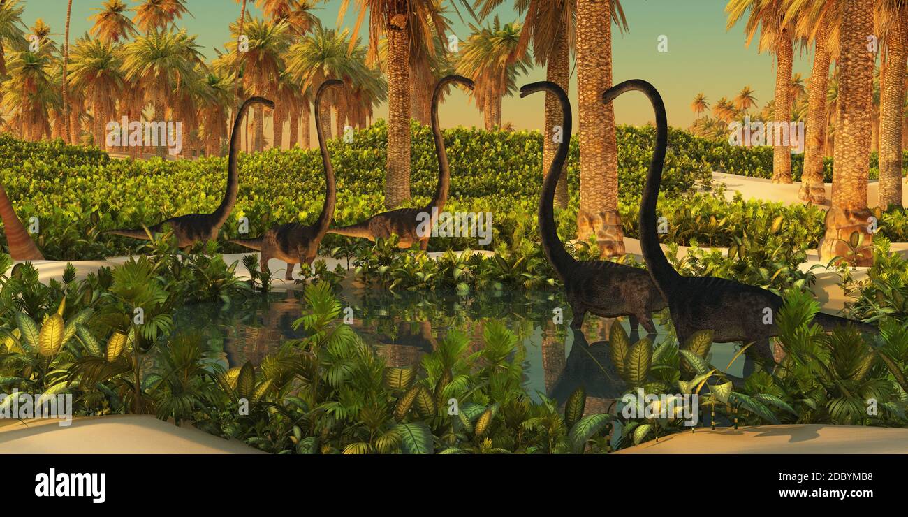 A herd of Omeisaurus dinosaurs use a small Jurassic pond for drinking and bathing. Stock Photo