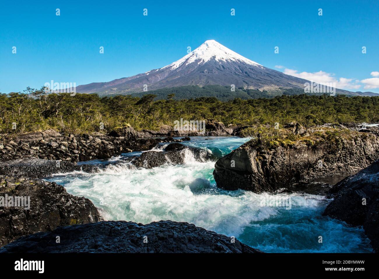 Saltos de Petrohue with the Osorno volcano, Chile Stock Photo