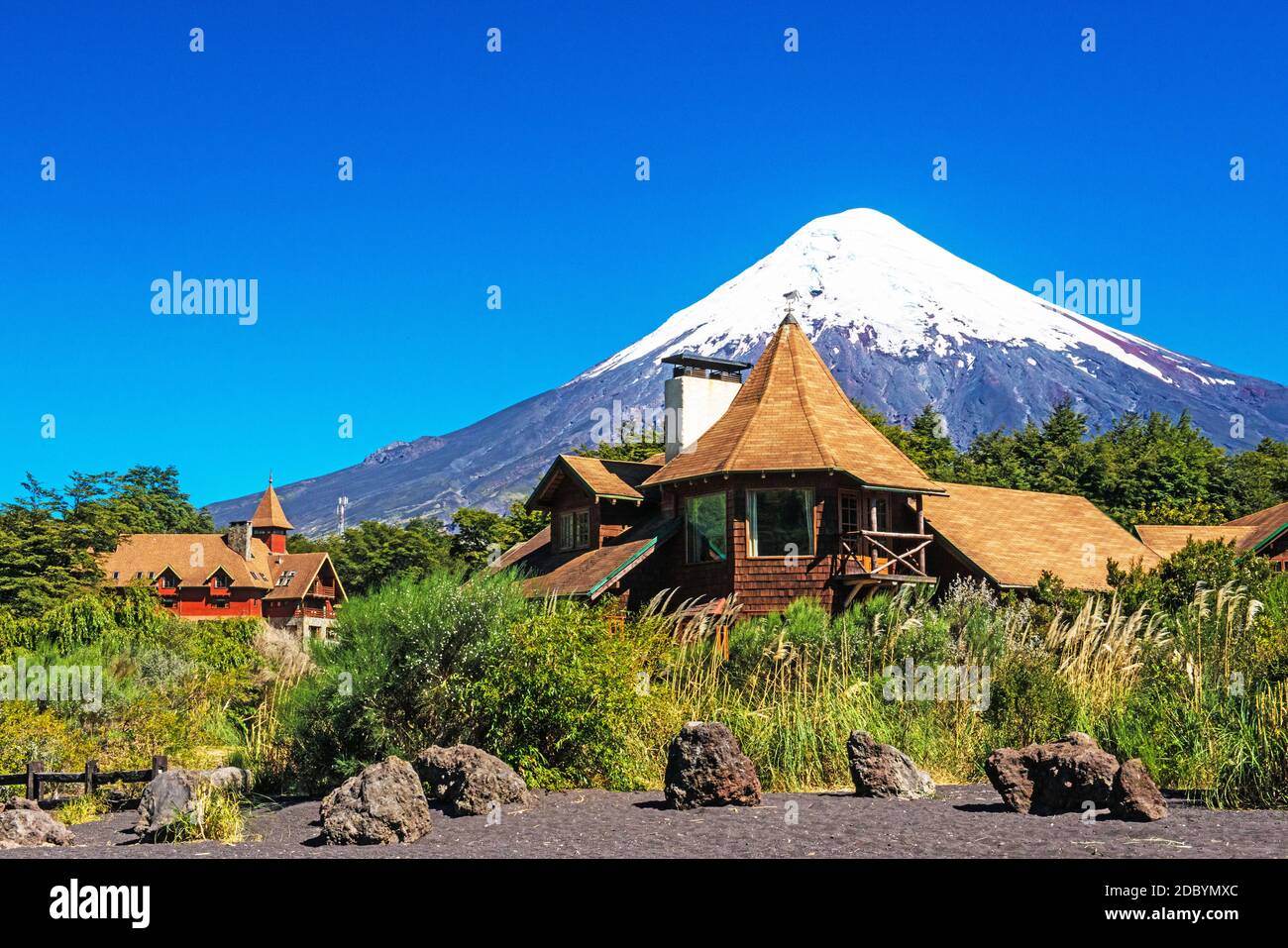 Lodge Petrohue with Osorno volcano, Chile Stock Photo