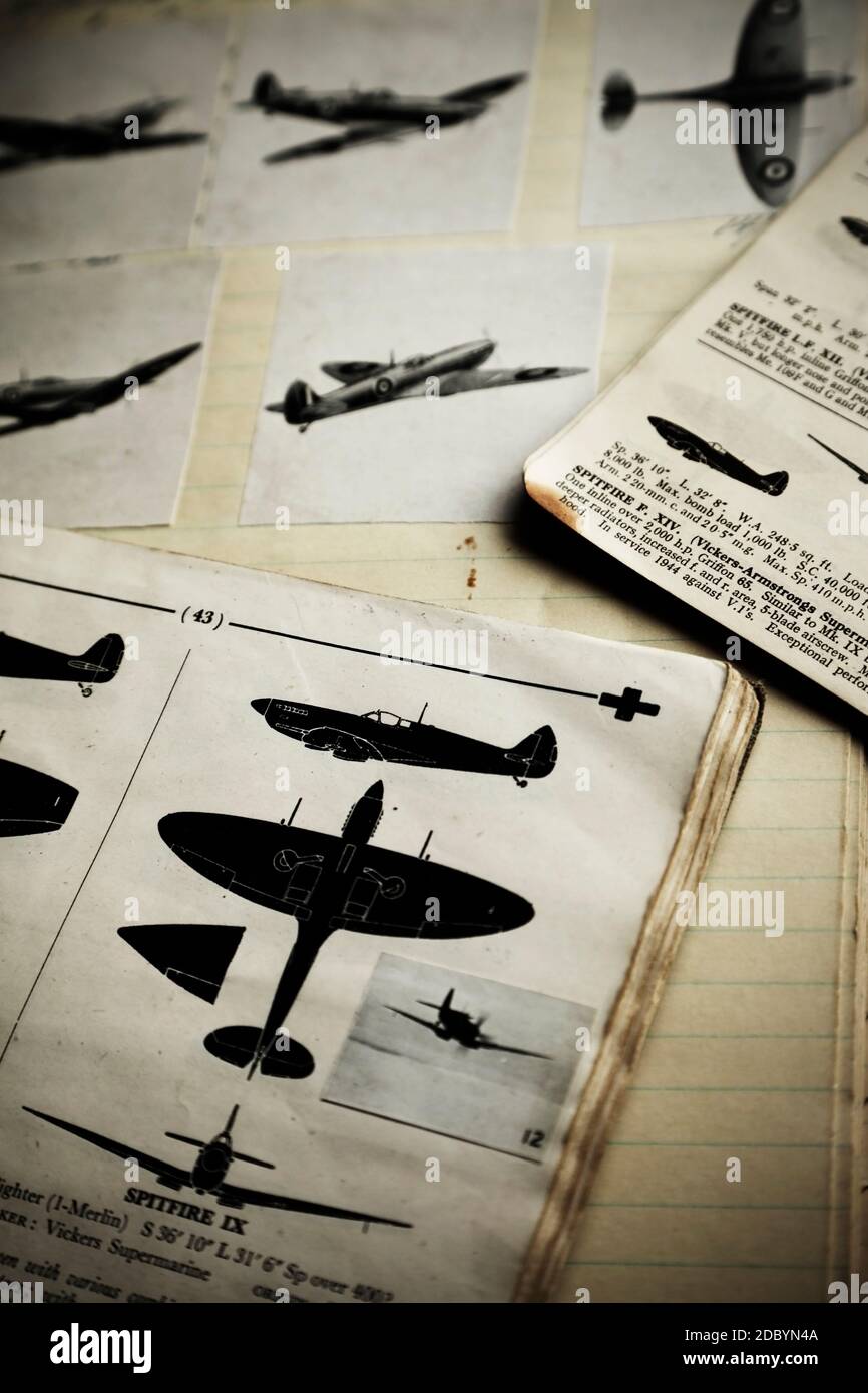 Collection of Second World War aircraft identification information, featuring the Supermarine Spitfire fighter. Stock Photo