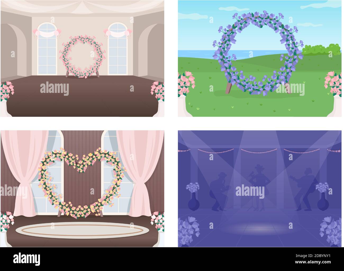 Decorated wedding venue flat color vector illustration set Stock Vector