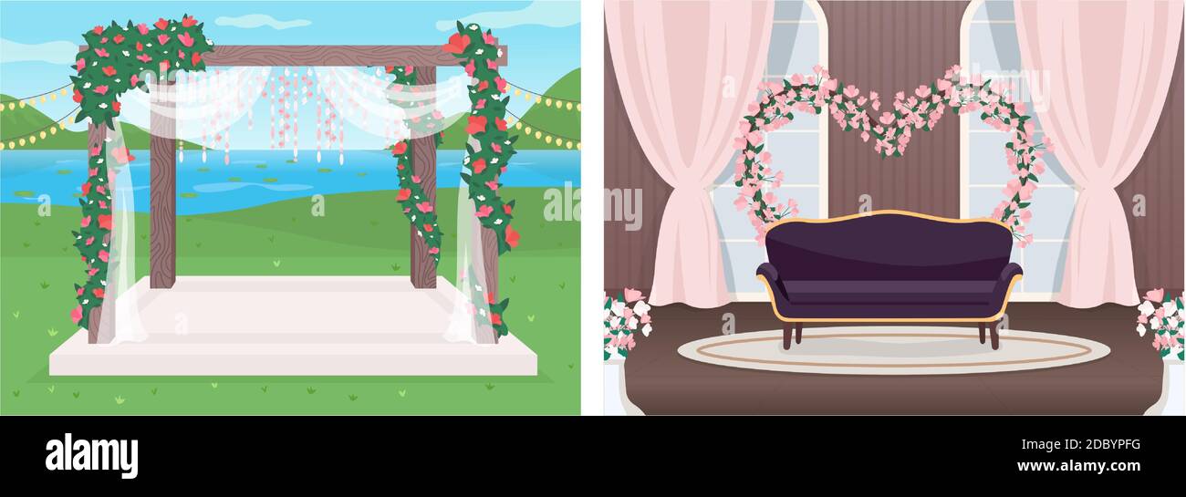 Wedding venue flat color vector illustration set Stock Vector Image