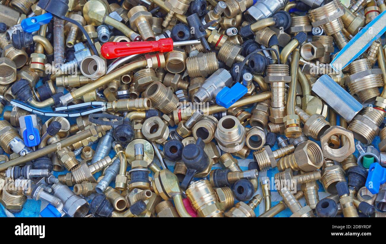 Water hose attachments couplers nuts adaptors fittings Stock Photo Alamy