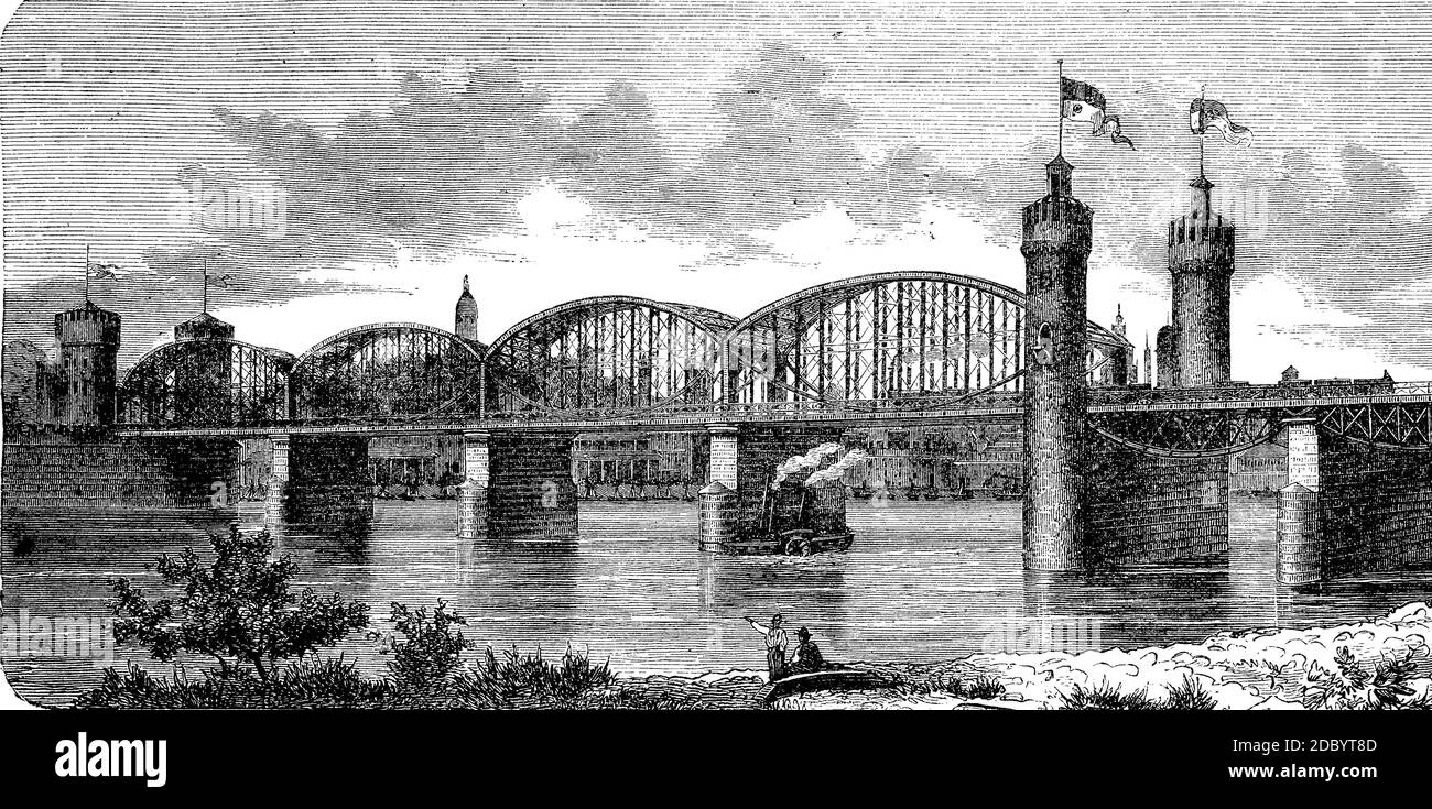 Railroad bridge over the Rhine near Mainz, Germany, 1885  /  Eisenbahnbrücke über den Rhein bei Mainz, Deutschland, 1885, Historisch, historical, digital improved reproduction of an original from the 19th century / digitale Reproduktion einer Originalvorlage aus dem 19. Jahrhundert Stock Photo